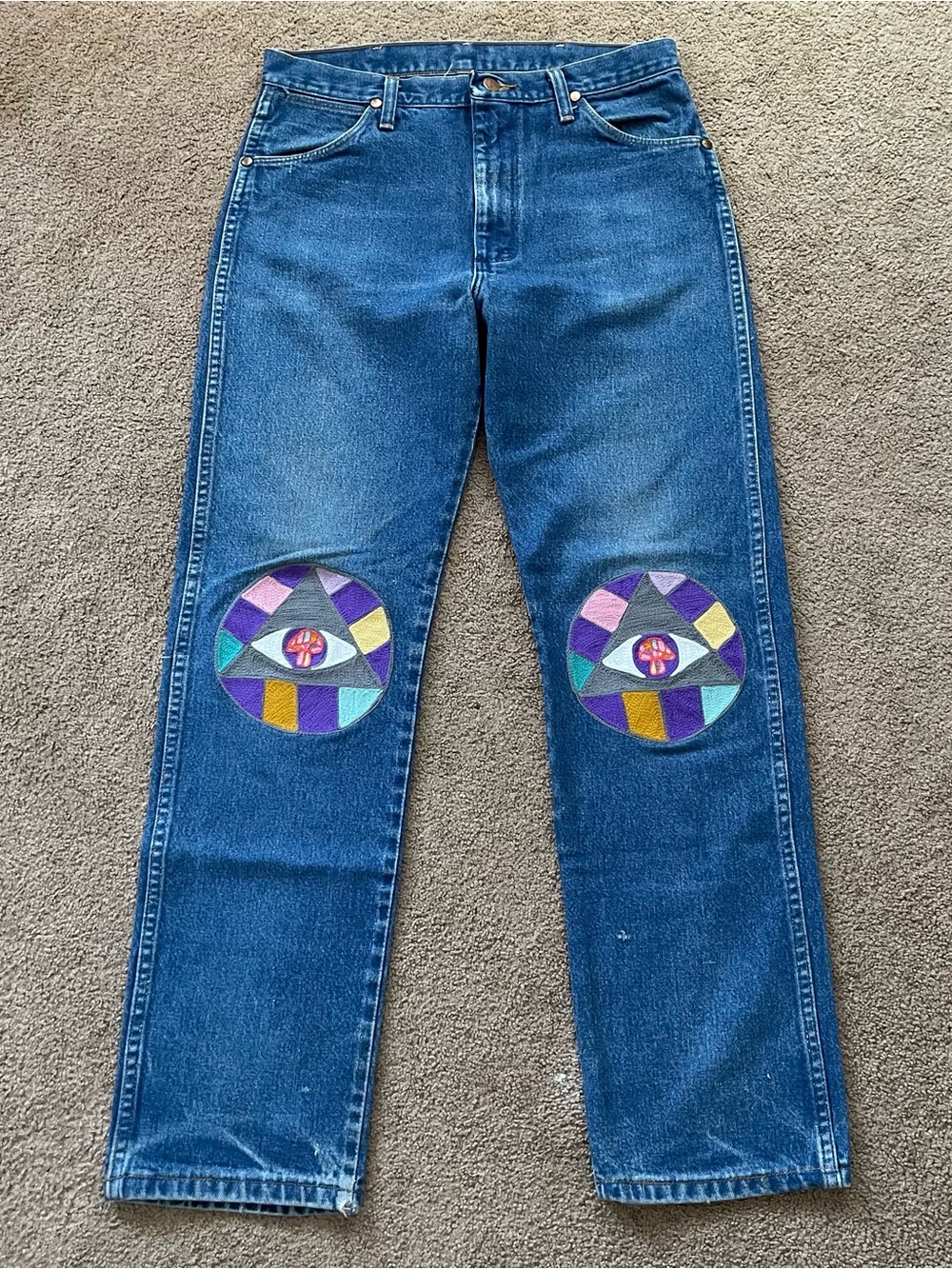 Vintage Wrangler Jeans Custom Chain Stitched Mushroom Evil Eye Knee Patch 30x32